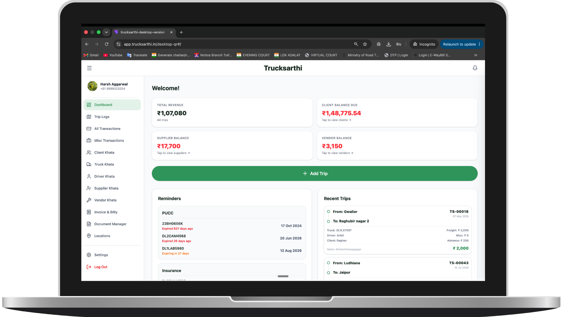 Trucksarthi desktop web dashboard